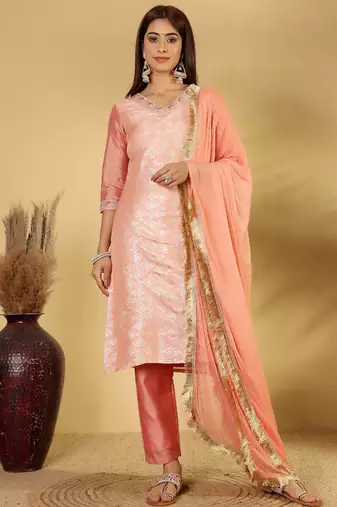 Ethnic Motifs Woven Design Regular Zari Kurta With Trousers & Dupatta