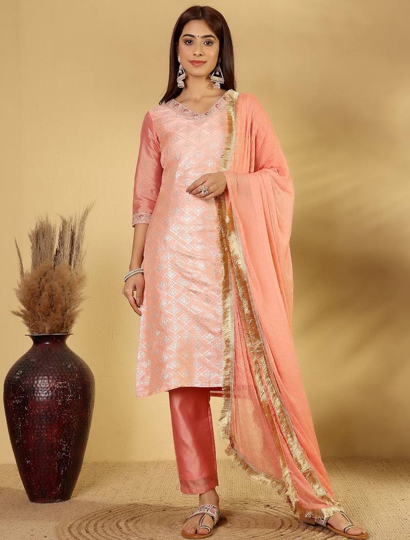 Ethnic Motifs Woven Design Regular Zari Kurta With Trousers & Dupatta