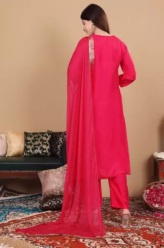 Women Pink pure silk zardozi & floral embroidered kurta with trousers & dupatta