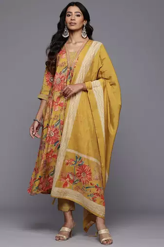 Floral Printed Pleated Sequinned Kurta With Trousers & Dupatta