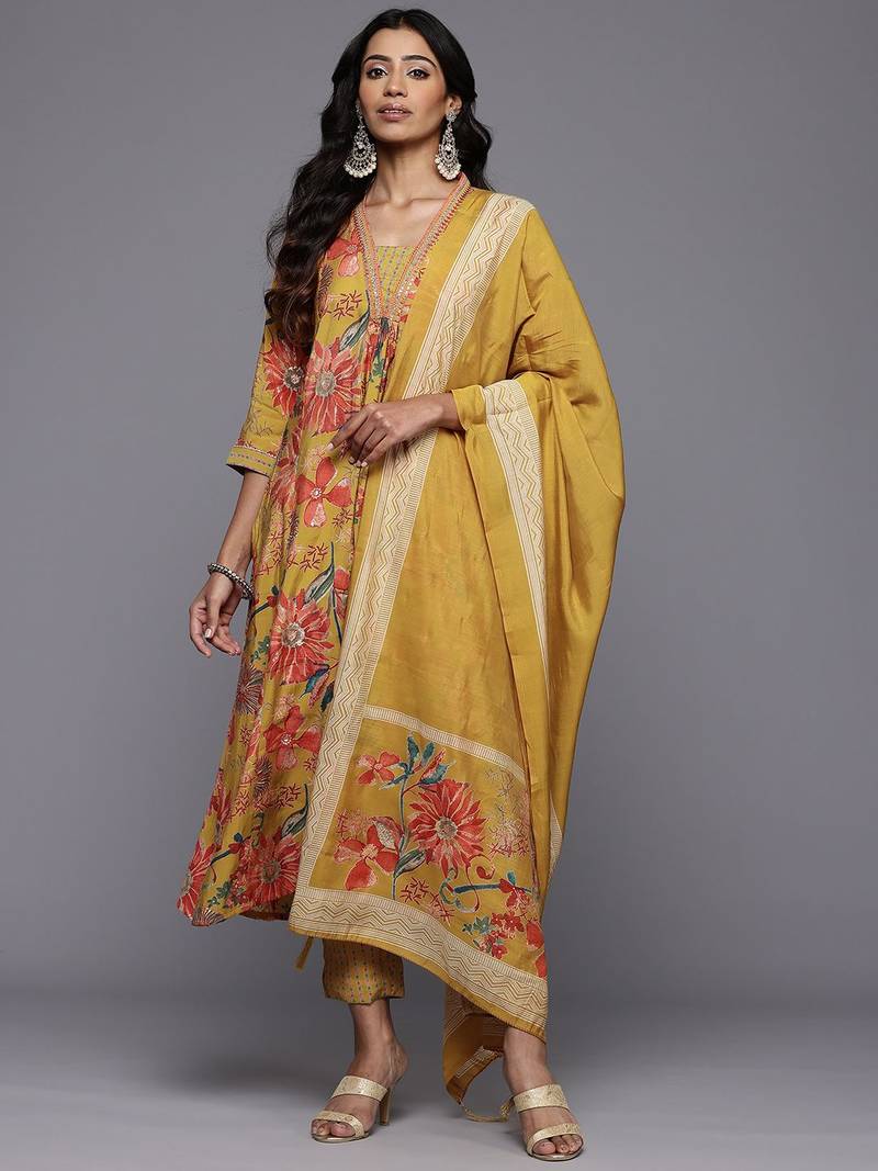 Floral Printed Pleated Sequinned Kurta With Trousers & Dupatta