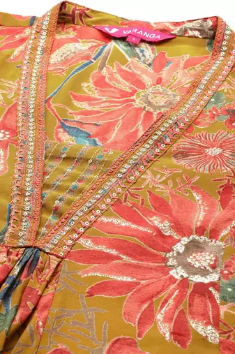 Floral Printed Pleated Sequinned Kurta With Trousers & Dupatta