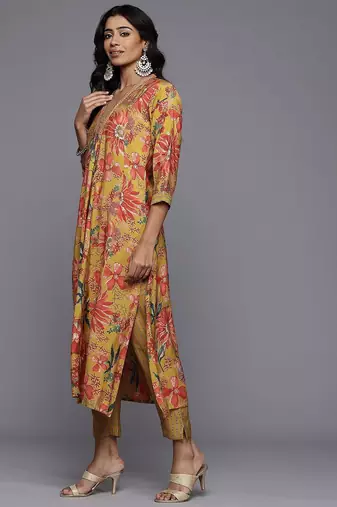 Floral Printed Pleated Sequinned Kurta With Trousers & Dupatta