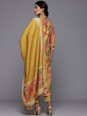 Floral Printed Pleated Sequinned Kurta With Trousers & Dupatta 6