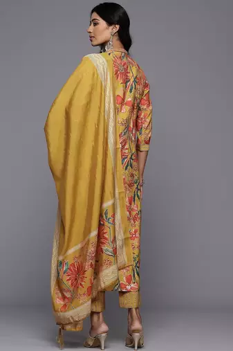 Floral Printed Pleated Sequinned Kurta With Trousers & Dupatta