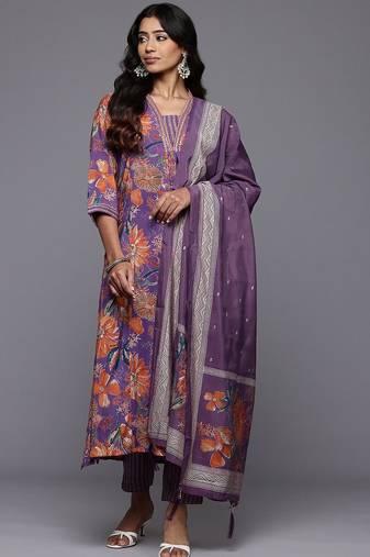 Floral Printed Pleated Sequinned Kurta With Trousers & Dupatta