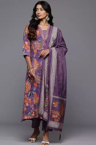 Floral Printed Pleated Sequinned Kurta With Trousers & Dupatta