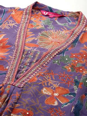 Floral Printed Pleated Sequinned Kurta With Trousers & Dupatta 2