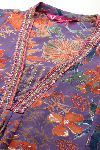 Floral Printed Pleated Sequinned Kurta With Trousers & Dupatta