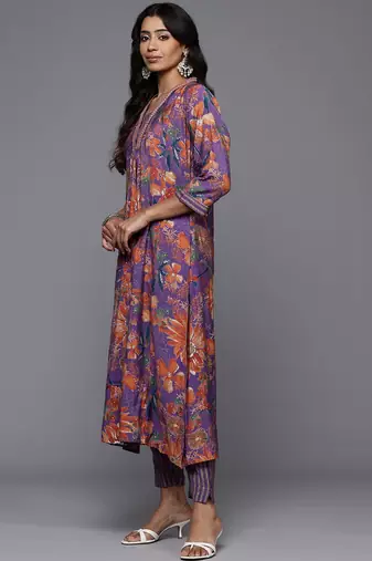 Floral Printed Pleated Sequinned Kurta With Trousers & Dupatta