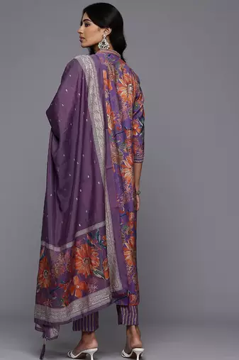 Floral Printed Pleated Sequinned Kurta With Trousers & Dupatta