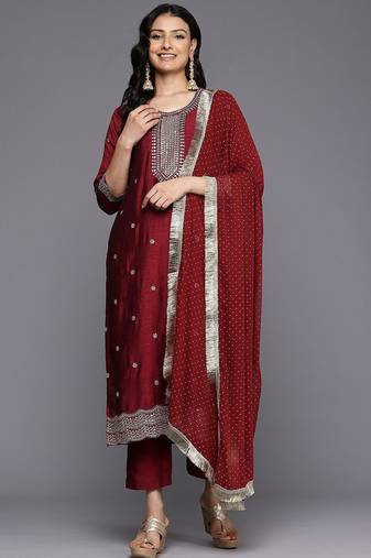Floral Embroidered Zari Pure Silk Kurta With Trousers & Dupatta