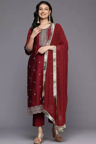 Floral Embroidered Zari Pure Silk Kurta With Trousers & Dupatta
