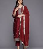 Floral Embroidered Zari Pure Silk Kurta With Trousers & Dupatta