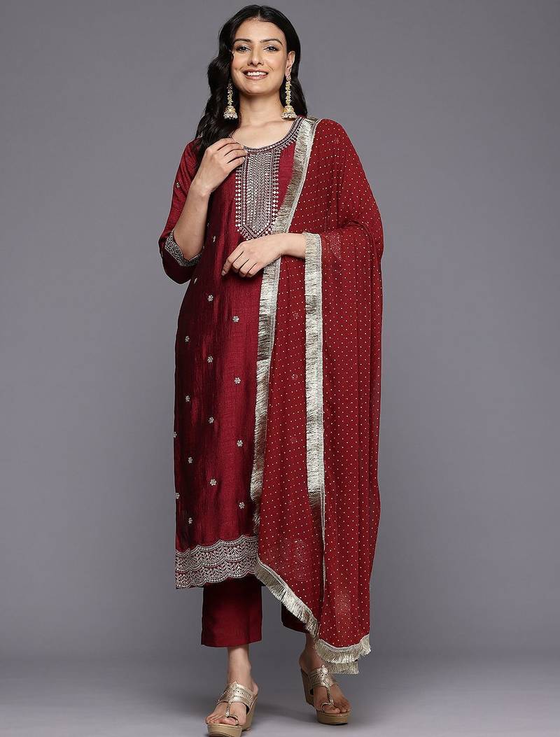 Floral Embroidered Zari Pure Silk Kurta With Trousers & Dupatta