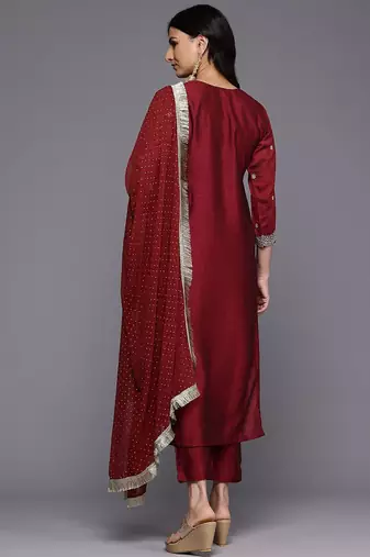 Floral Embroidered Zari Pure Silk Kurta With Trousers & Dupatta