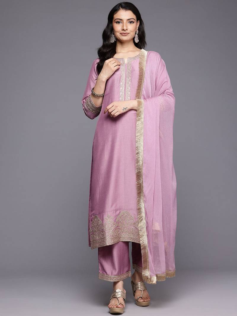 Embroidered Zari Kurta With Palazzos & Dupatta