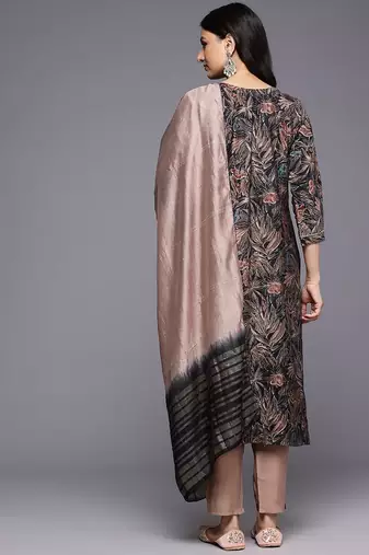 Floral Embroidered Thread Work Kurta With Trousers & Dupatta