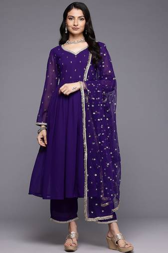 Embroidered Empire Zari Kurta With Palazzos & Dupatta