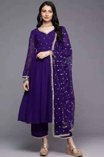 Embroidered Empire Zari Kurta With Palazzos & Dupatta