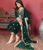 Floral Embroidered Sequinned Velvet Straight Kurta with Trousers & Dupatta