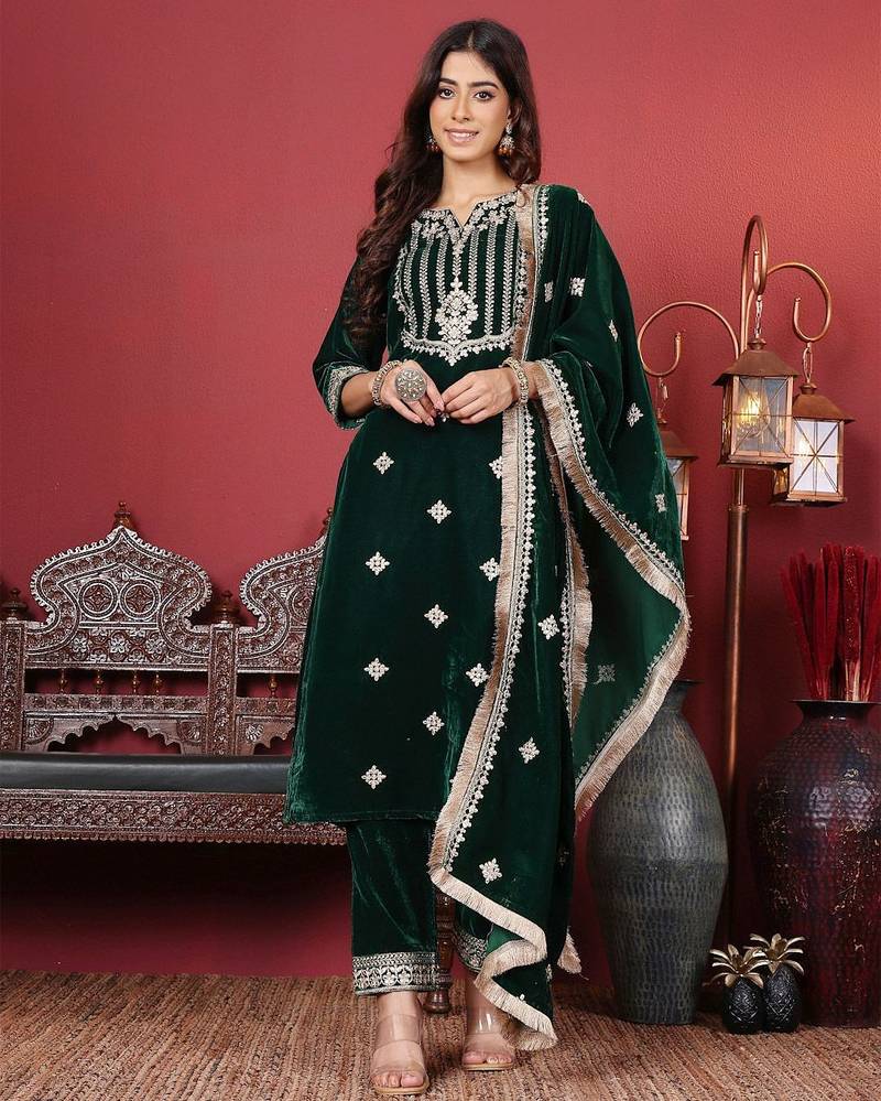 Floral Embroidered Sequinned Velvet Straight Kurta with Trousers & Dupatta