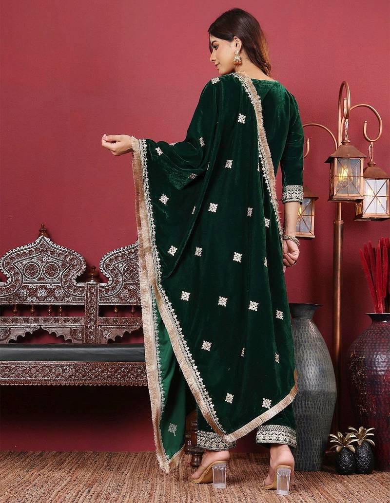 Floral Embroidered Sequinned Velvet Straight Kurta with Trousers & Dupatta