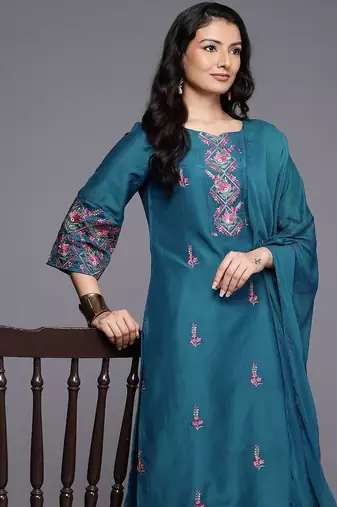 Floral Embroidered Mirror Work Kurta With Trousers & Dupatta