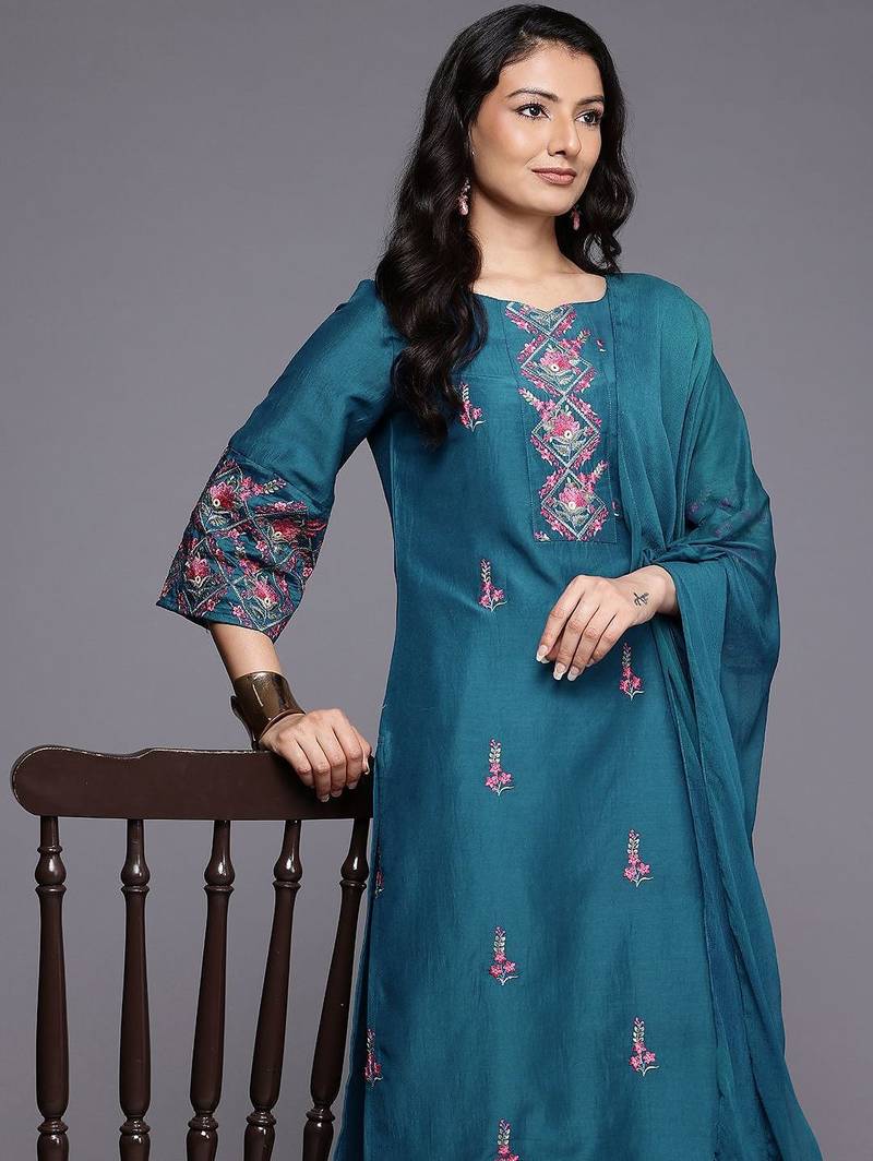 Floral Embroidered Mirror Work Kurta With Trousers & Dupatta