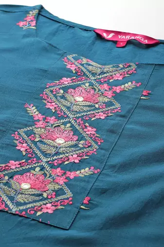 Floral Embroidered Mirror Work Kurta With Trousers & Dupatta
