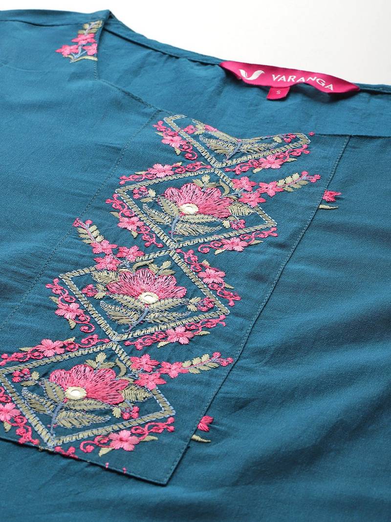 Floral Embroidered Mirror Work Kurta With Trousers & Dupatta