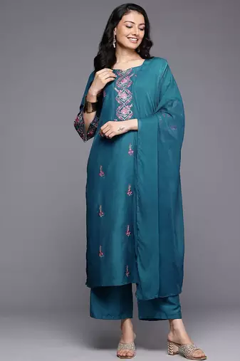 Floral Embroidered Mirror Work Kurta With Trousers & Dupatta