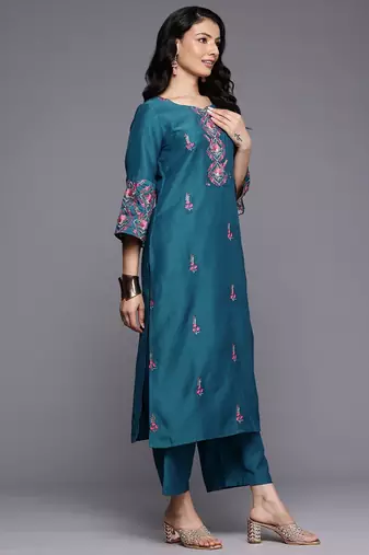 Floral Embroidered Mirror Work Kurta With Trousers & Dupatta