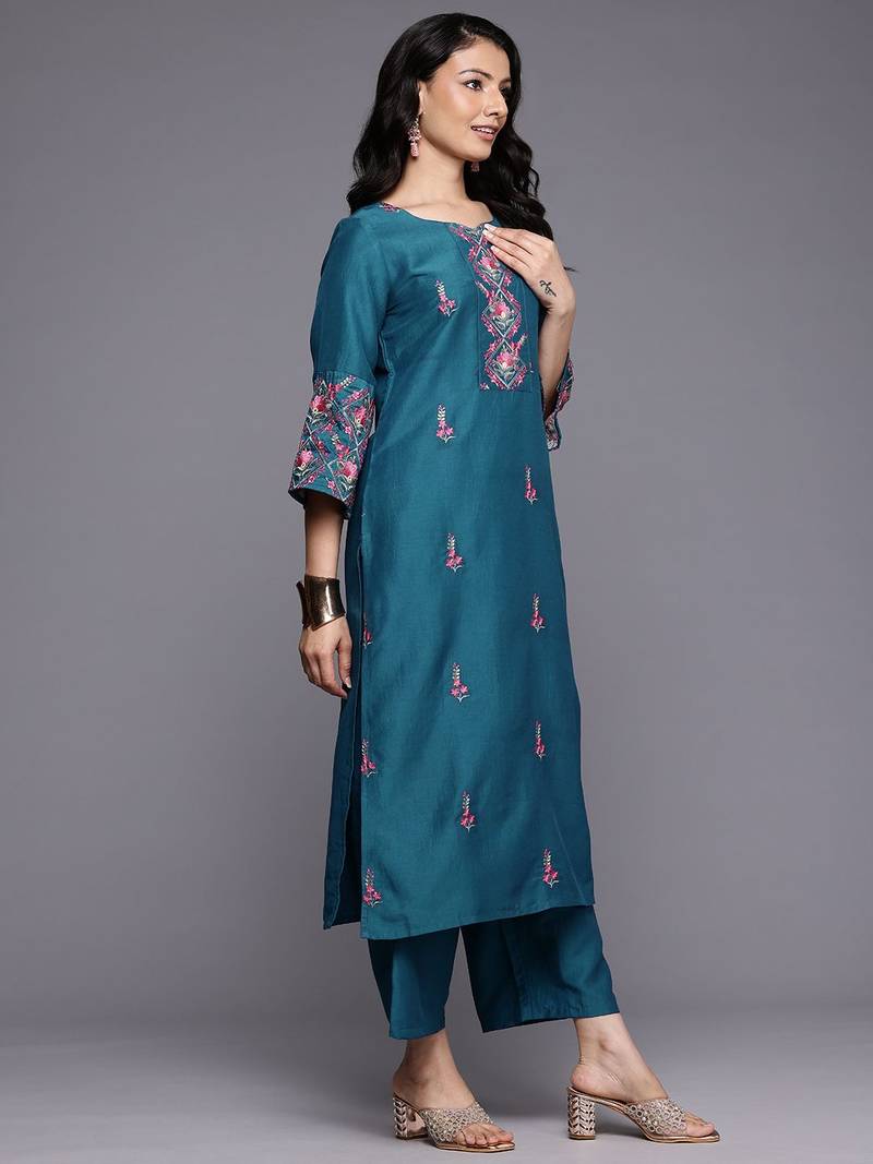 Floral Embroidered Mirror Work Kurta With Trousers & Dupatta