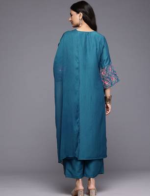 Floral Embroidered Mirror Work Kurta With Trousers & Dupatta 7