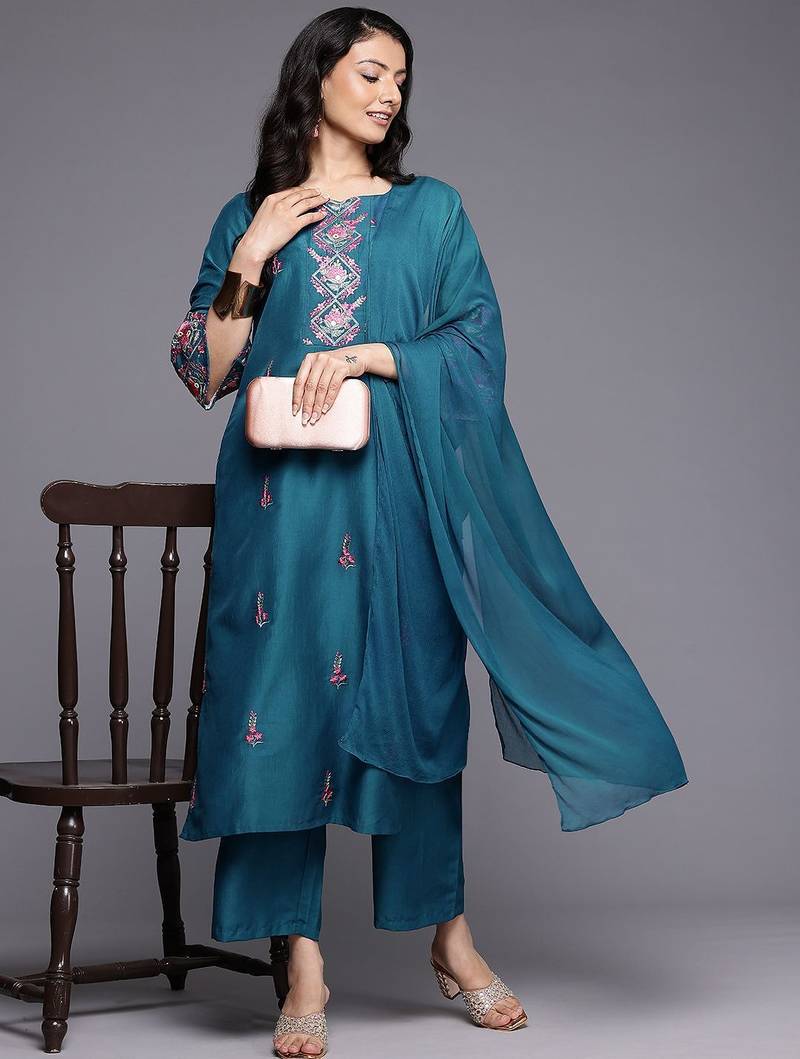 Floral Embroidered Mirror Work Kurta With Trousers & Dupatta