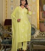 Floral Embroidered V-Neck Thread Work Straight Kurta With Trousers & Dupatta