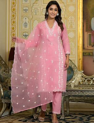 Floral Regular Thread Work Pure Cotton Straight Kurta With Trousers & Dupatta 1