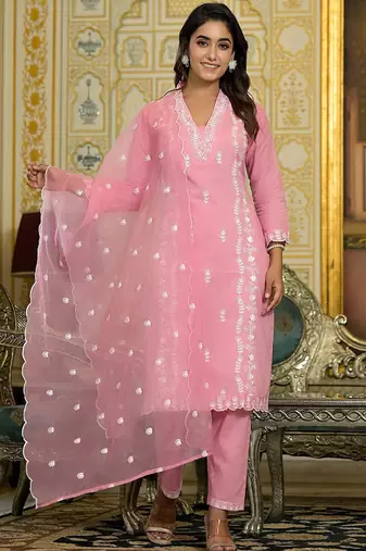 Floral Regular Thread Work Pure Cotton Straight Kurta With Trousers & Dupatta