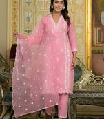 Floral Regular Thread Work Pure Cotton Straight Kurta With Trousers & Dupatta