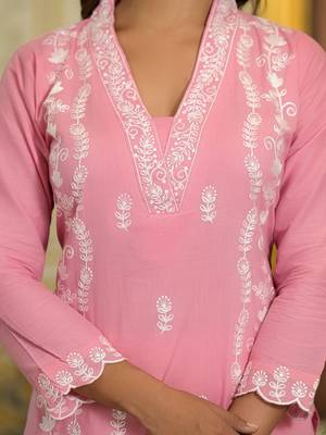 Floral Regular Thread Work Pure Cotton Straight Kurta With Trousers & Dupatta 2