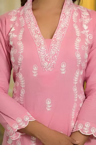 Floral Regular Thread Work Pure Cotton Straight Kurta With Trousers & Dupatta
