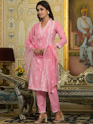 Floral Regular Thread Work Pure Cotton Straight Kurta With Trousers & Dupatta 4