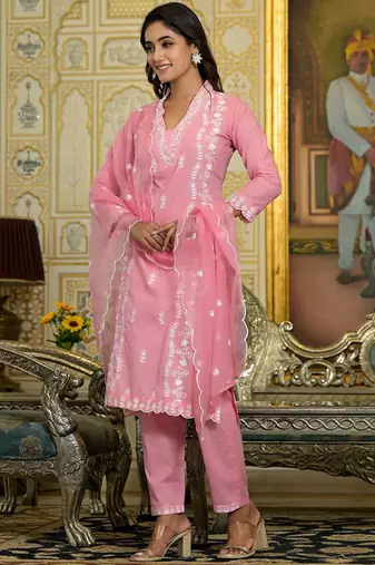 Floral Regular Thread Work Pure Cotton Straight Kurta With Trousers & Dupatta