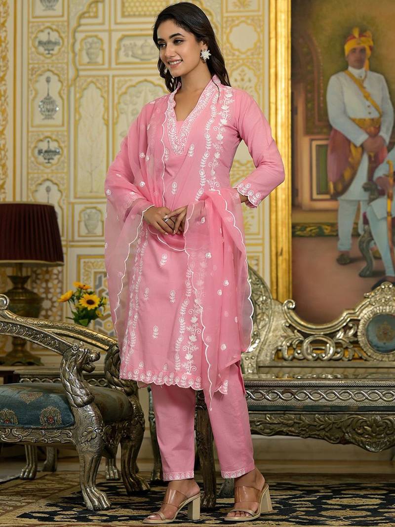 Floral Regular Thread Work Pure Cotton Straight Kurta With Trousers & Dupatta