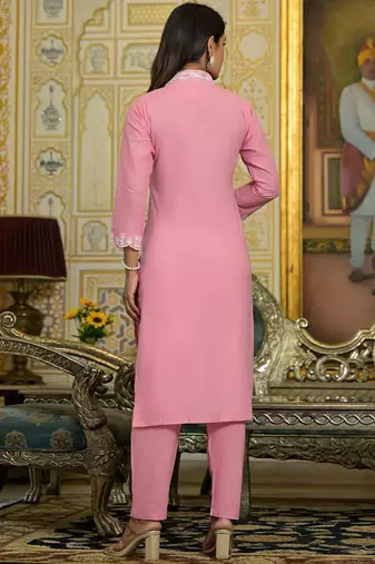 Floral Regular Thread Work Pure Cotton Straight Kurta With Trousers & Dupatta