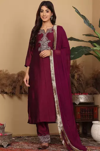Ethnic Motifs Embroidered Regular Kurta with Trousers & Dupatta