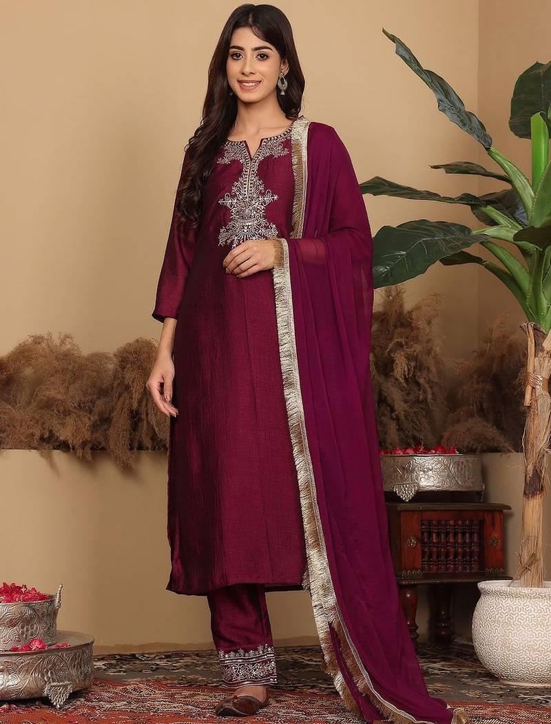 Ethnic Motifs Embroidered Regular Kurta with Trousers & Dupatta