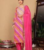 Women Embroidered Mirror Work Kurta with Trousers & Fringed Dupatta