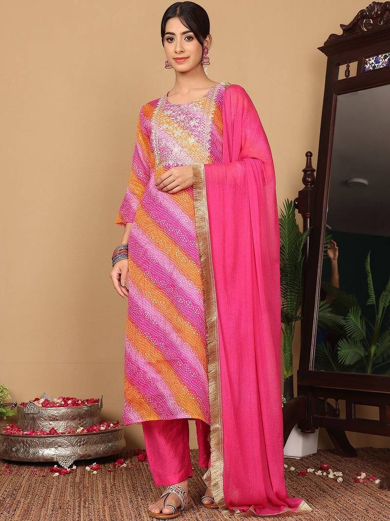 Women Embroidered Mirror Work Kurta with Trousers & Fringed Dupatta
